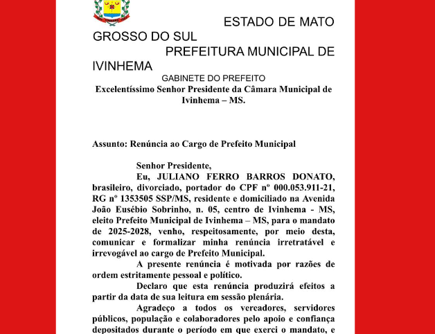 Site PlantãoMS reproduz 'cópia' de carta-renúncia